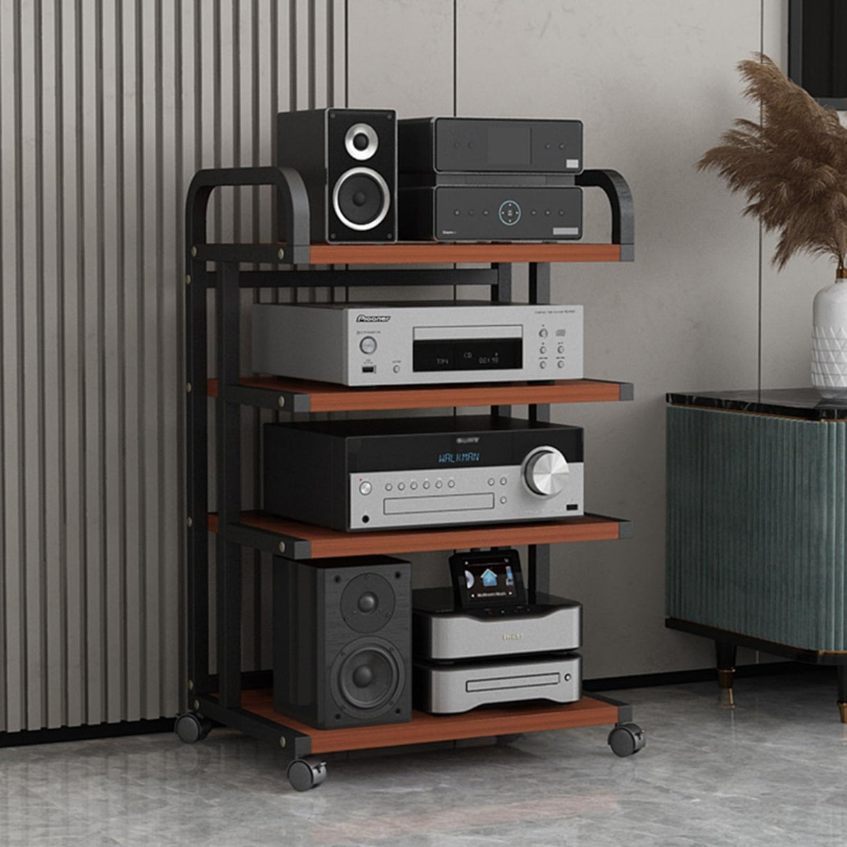 Movable 3/4/5-Tier Media Stand Audio/Video Component Cabinet with Wooden Shelf