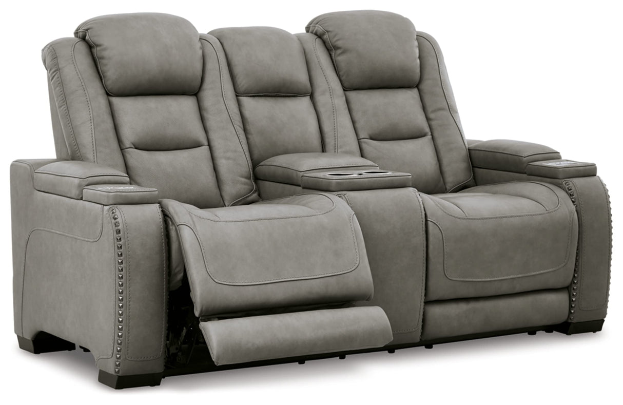 The Man-Den Leather Power Reclining Loveseat with Center Console, Adjustable Headrest