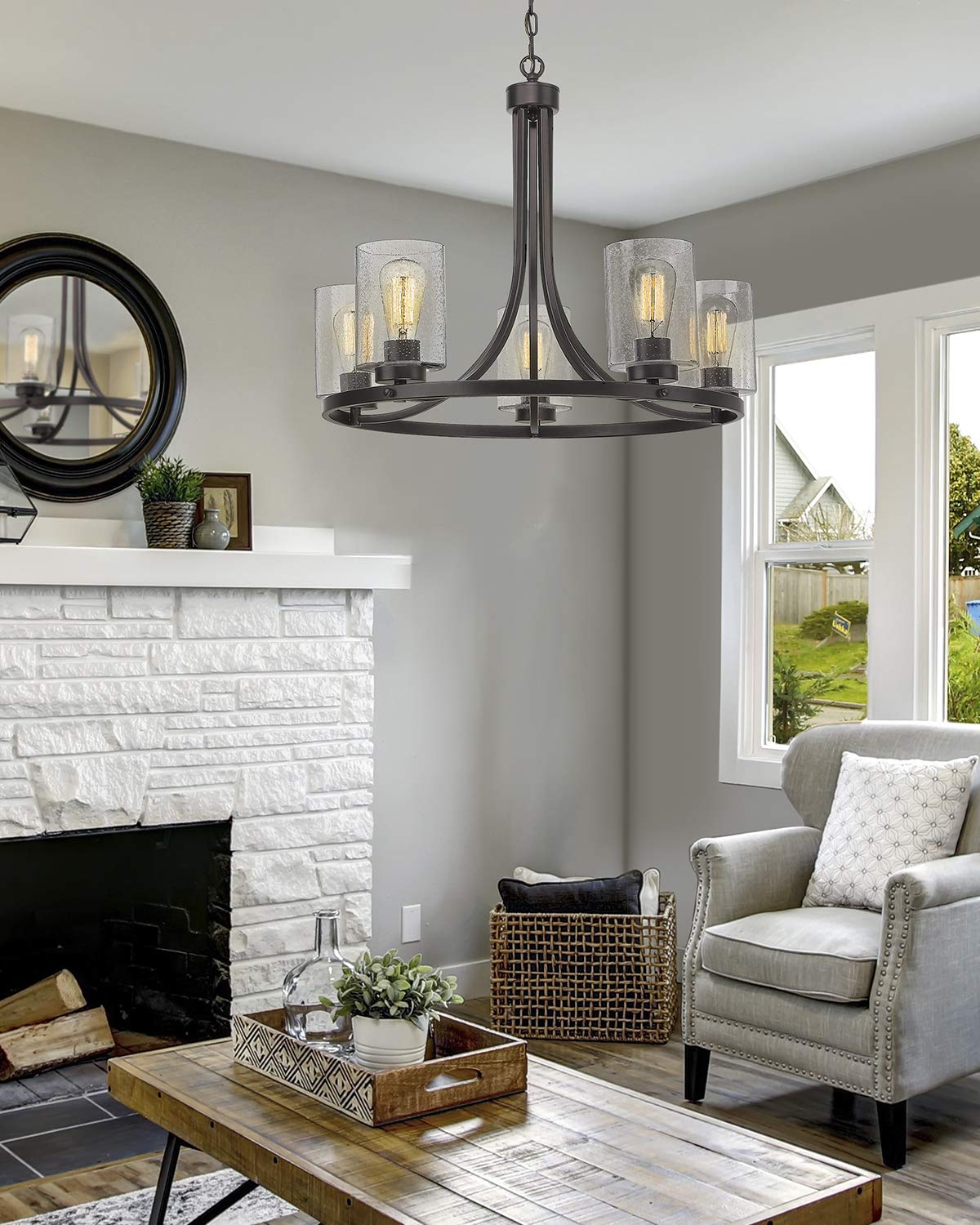 Beionxii 5-Light Wagon Wheel Chandelier, 26" Farmhouse Contemporary Foyer Pendant Light Dinning Room Lighting Fixture Oil Rubbed Bronze with Clear Seeded Glass