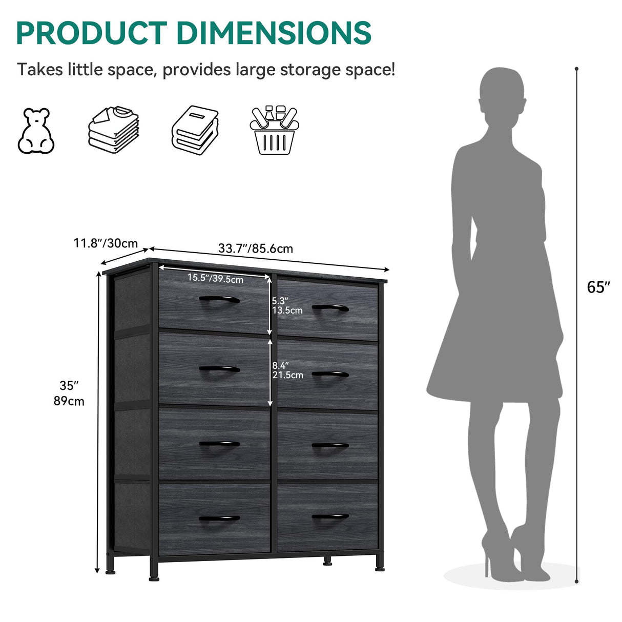 Dresser for Bedroom, Tall Dresser with 8 Drawers, Storage Tower with Fabric Bins,