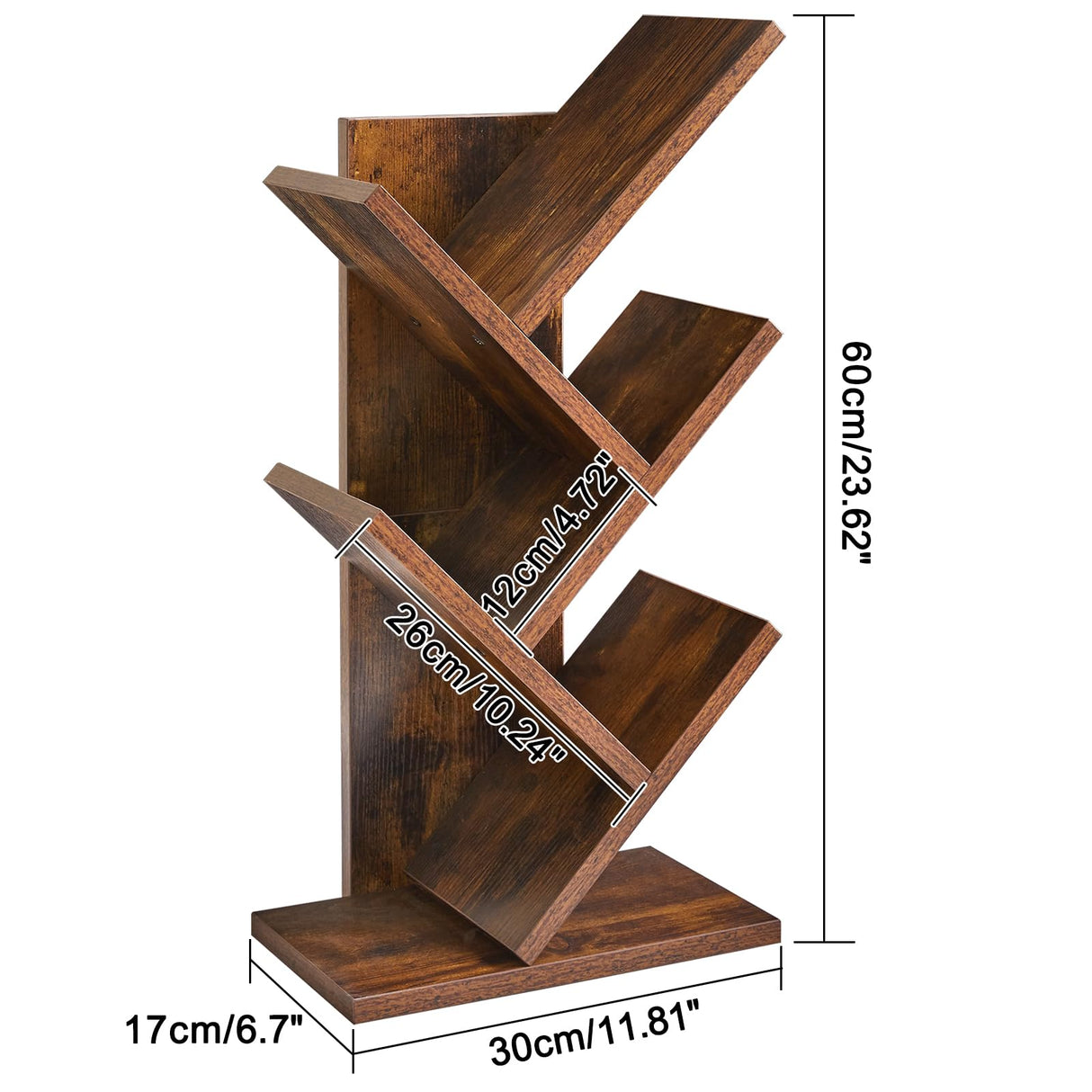 YMYNY 4 Tiers Tree Bookshelf,Rustic Brown+White,HBC014H+HBC014W