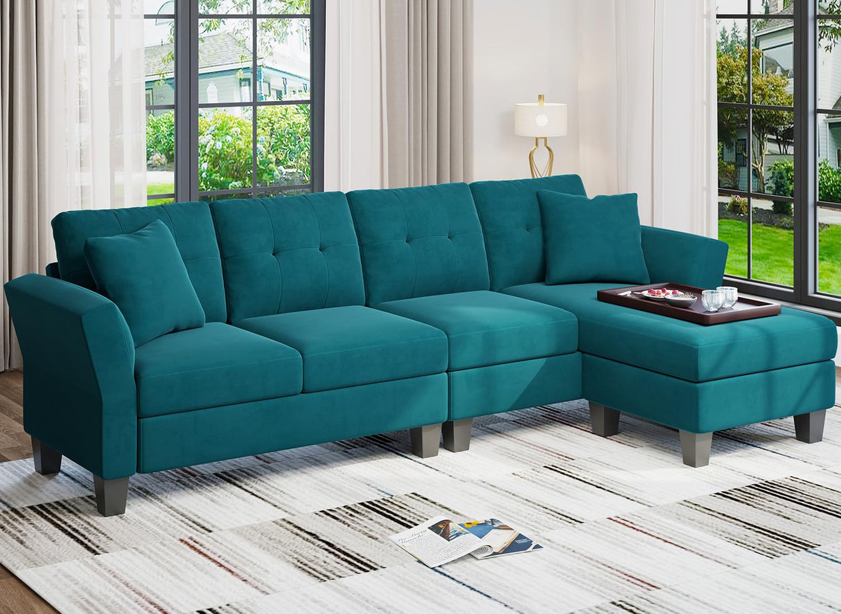 Convertible Sectional Couch Velvet L Shaped Sofa 4 Seat Sofa