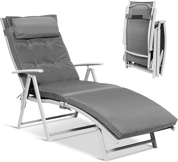 Chaise Lounge Chair for Outside, Pool Folding Reclining Beach Chair W/Removable