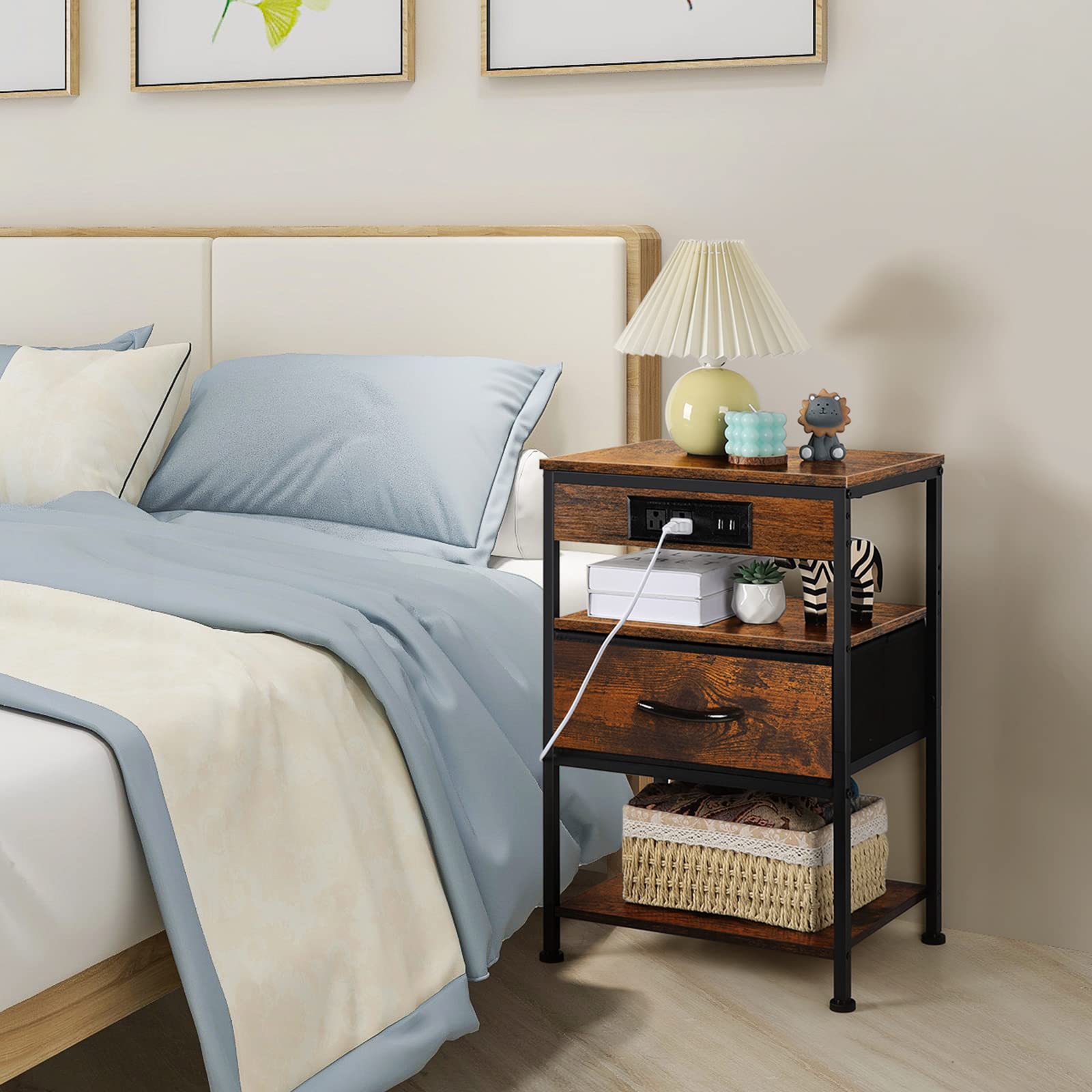 Nightstand with Charging Station Bed Side Table