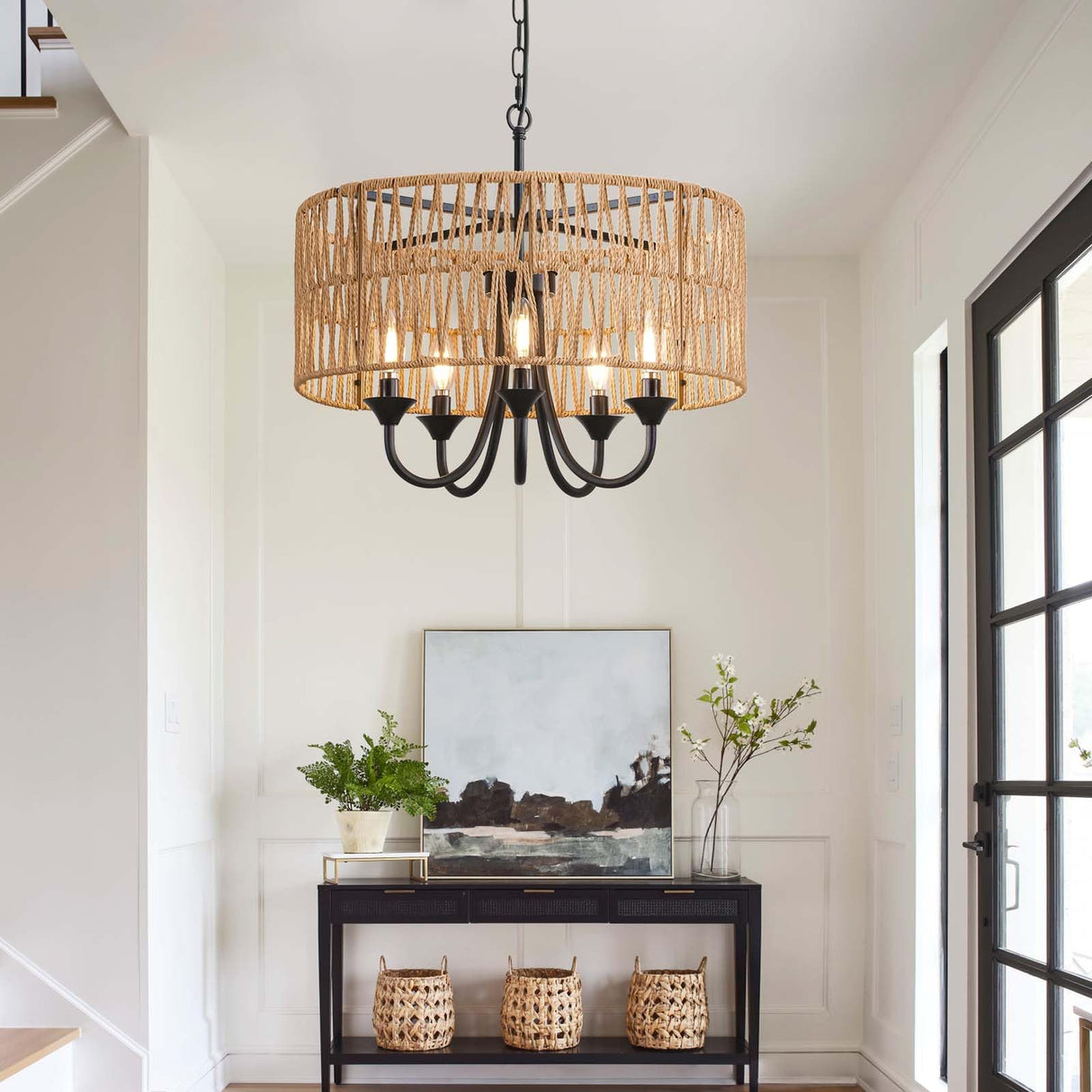 Rattan Chandelier Light Fixtures, 19.6" Hand-Woven Pendant Light with Wicker Shade, 5