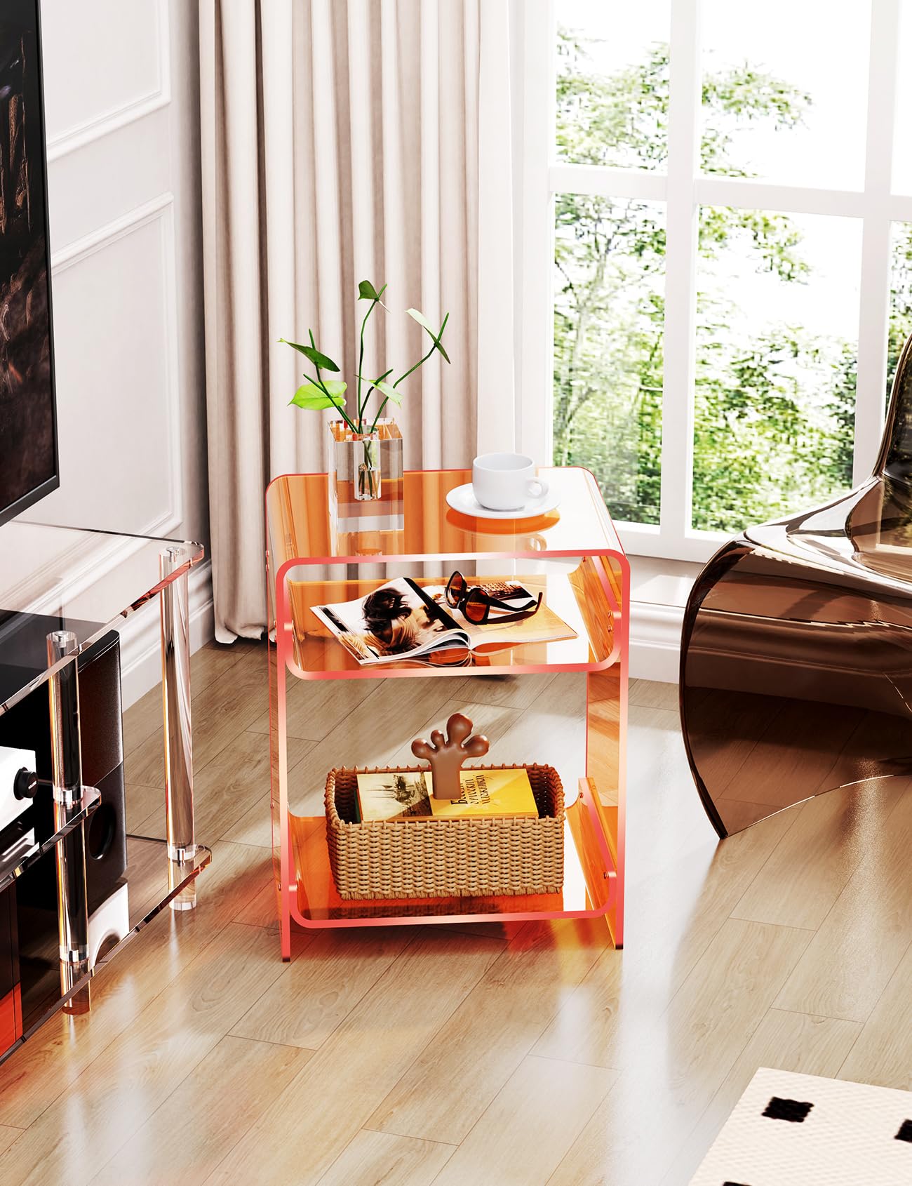 End Table Record Player Table with Storage Shelf Clear Side Table Nightstand, Orange