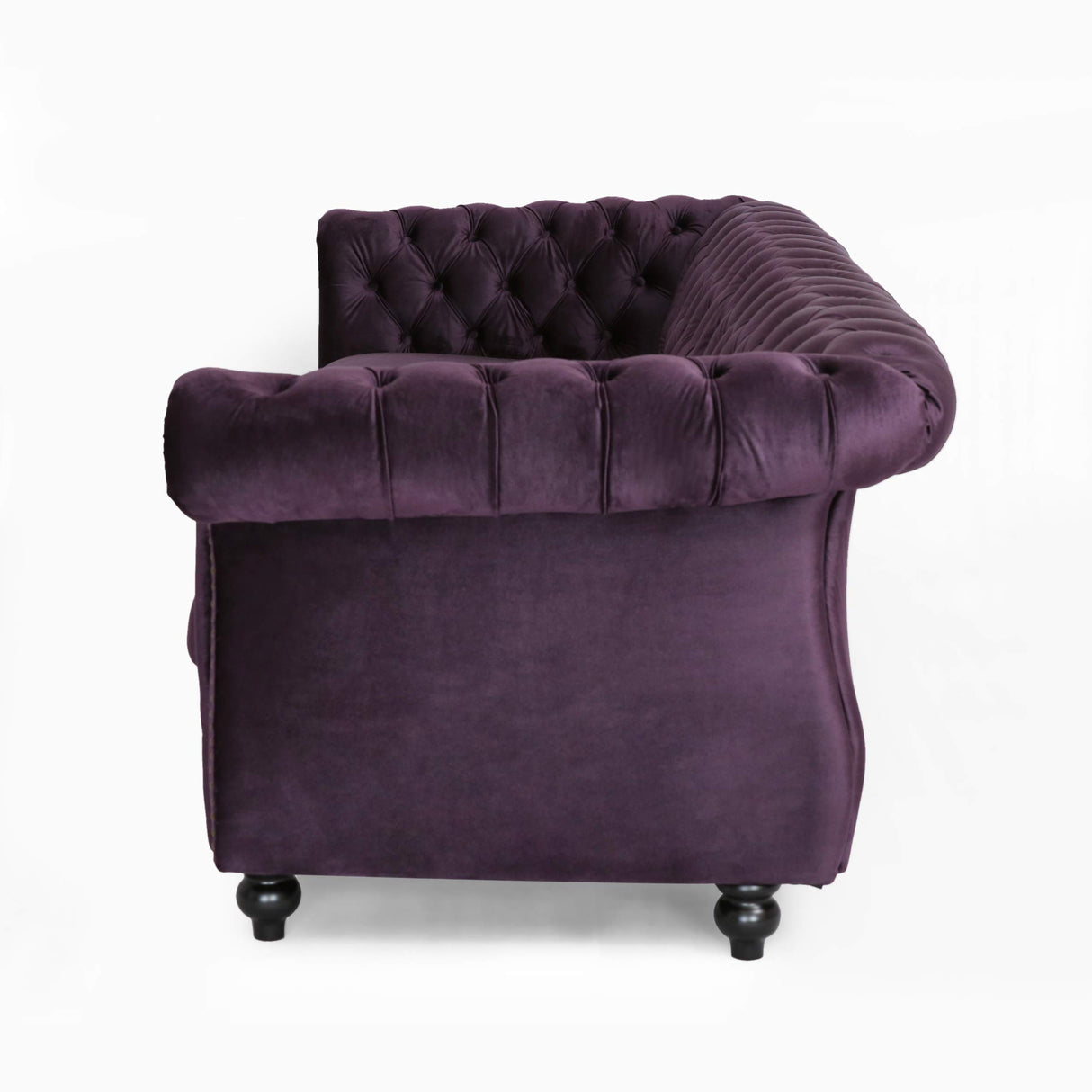 Tufted Jewel Toned Velvet Sofa with Scroll Arms, BlackBerry