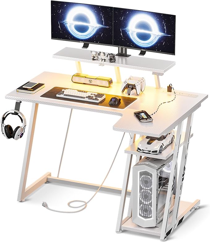 White Gaming Desk L Shaped with LED Lights, Small Corner Computer Desk 39inch