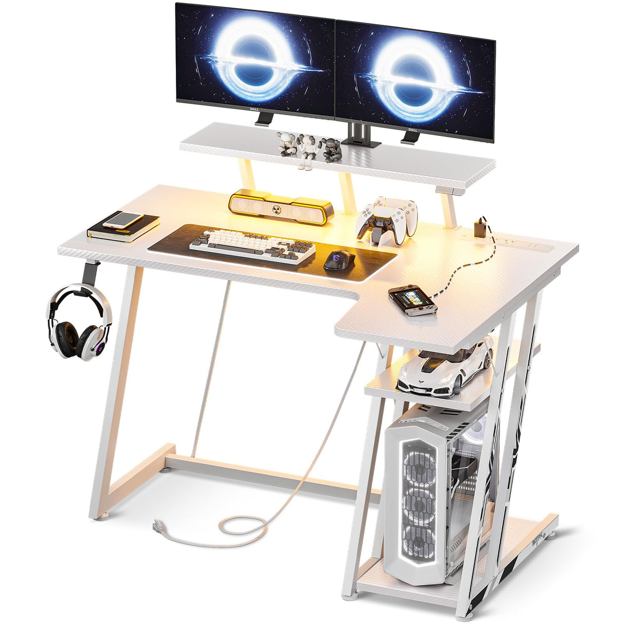 White Gaming Desk L Shaped with LED Lights, Small Corner Computer Desk 39inch