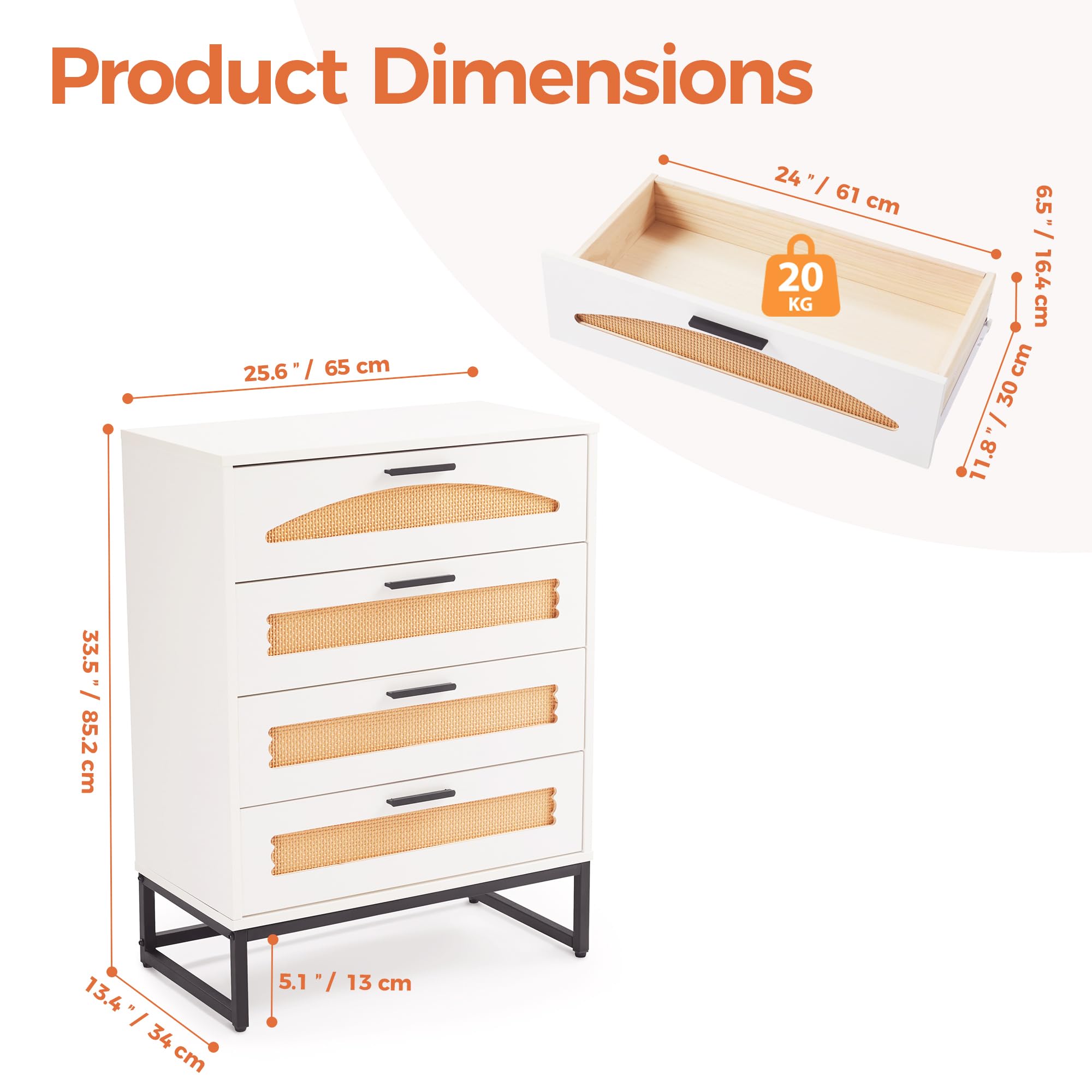 Mericonia 4/5 Drawer Rattan Dresser for Bedroom, Wooden Chest of Dressers, Modern Dresser Chest with Golden Handles for Bedroom,Living Room, Hallway and Entryway