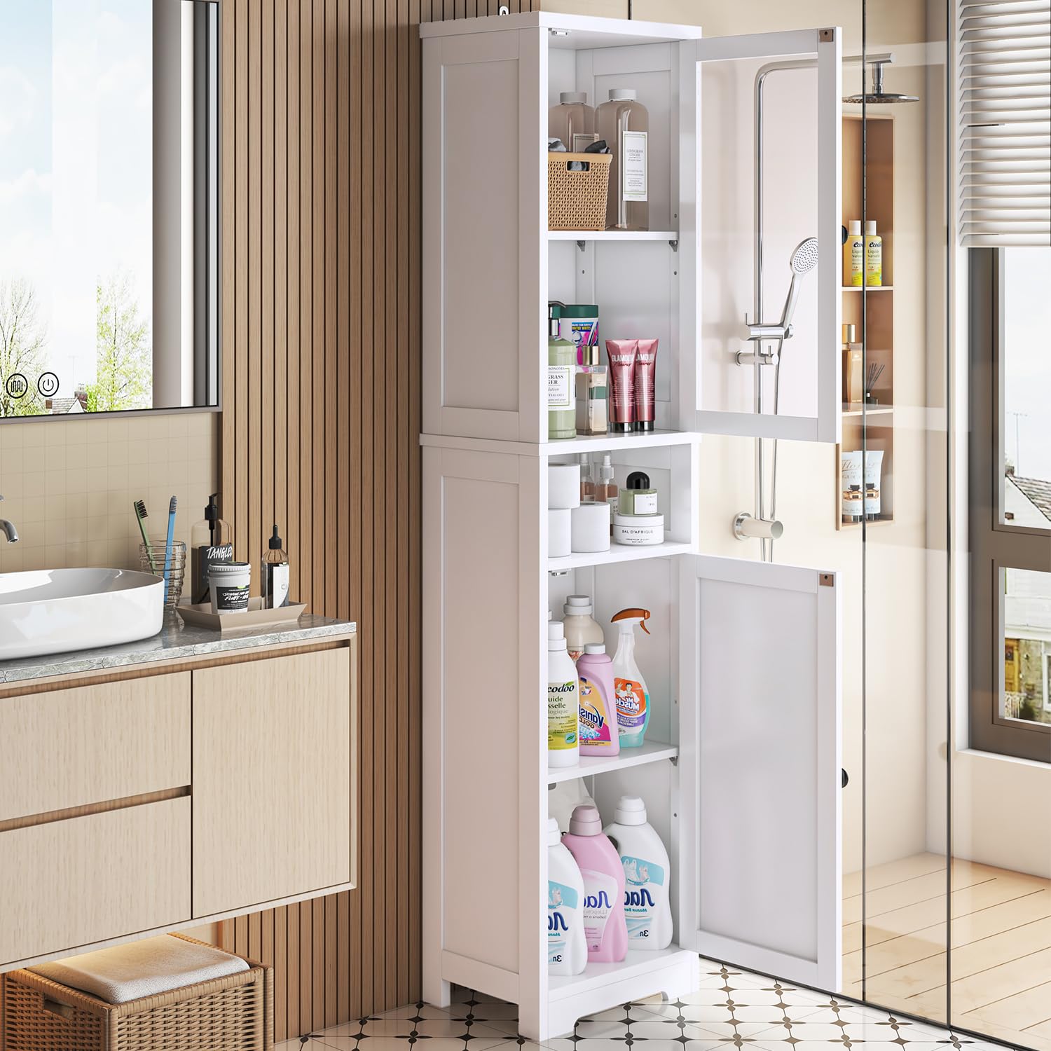 Bathroom Storage Cabinet with Acrylic Door, 67 Inches Tall Narrow Bathroom Storage