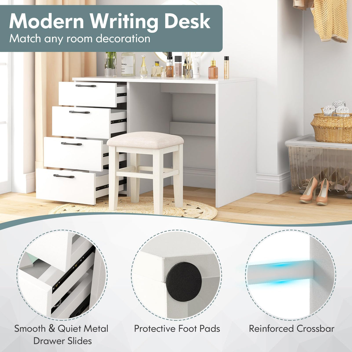 White Computer Desk, 43.5’’ Writing Desk with 4 Large Drawers, Modern Executive Desk,