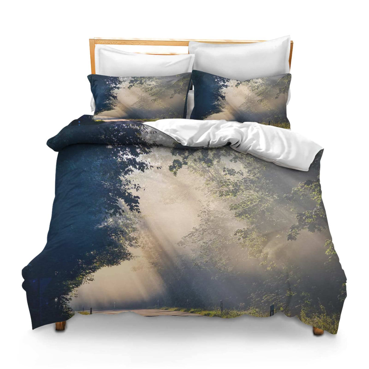 Printed Comforter Cover Set Full Fog Sunlight Road Trees Mood Landscape Bedspread Room Decor for Kids Boys and Girls