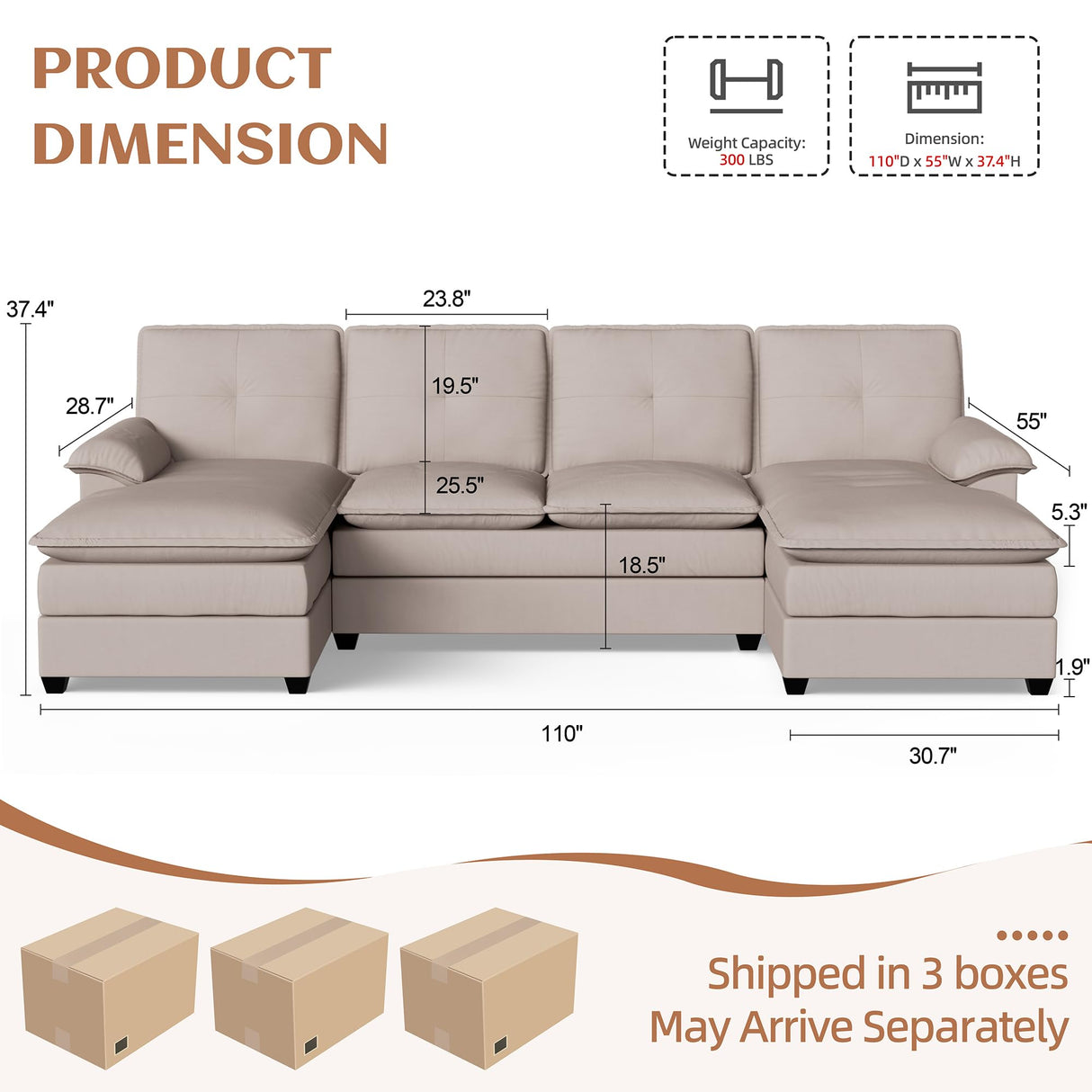 Vongrasig Sectional Couches for Living Room, Comfy Cloud Couch with Chaise 110" U-Shaped Sofa 4-seat Modular Sofa Large Sectional Couch with Ottoman for Living Room (Khaki)