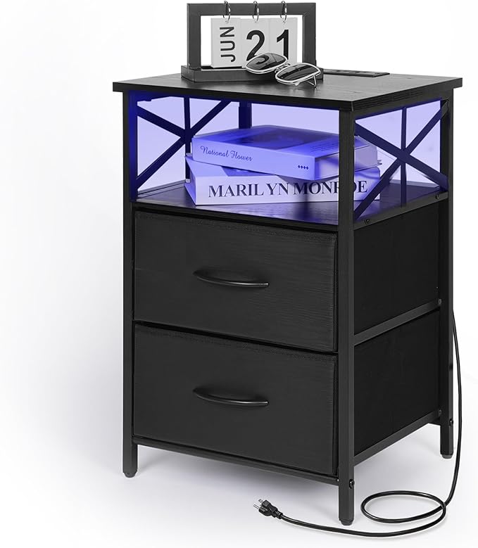 Night Stand with Charging Station, RGB LED Side Table