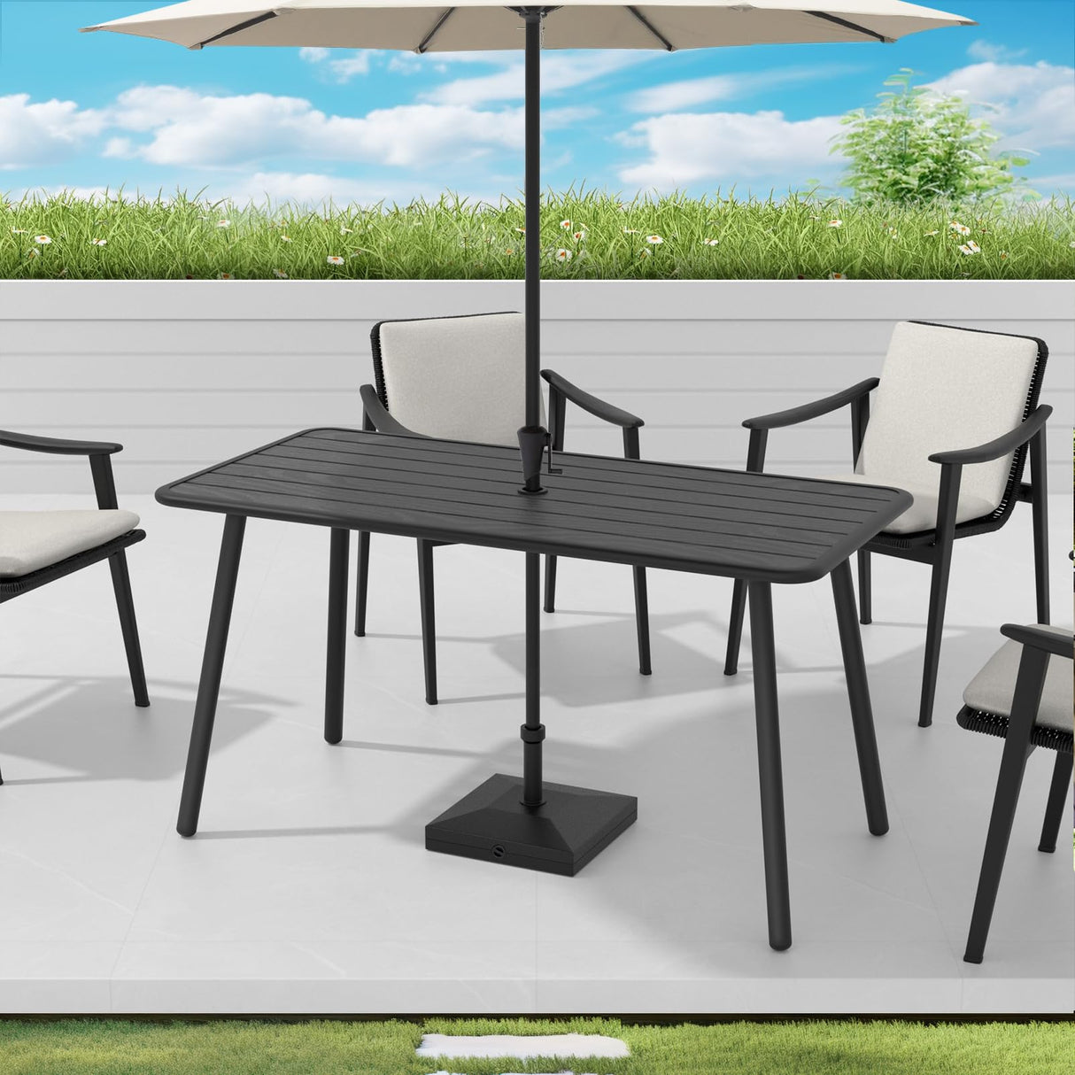 Rectangle Metal Outdoor Dining Table with Umbrella Hole - Black Patio Furniture