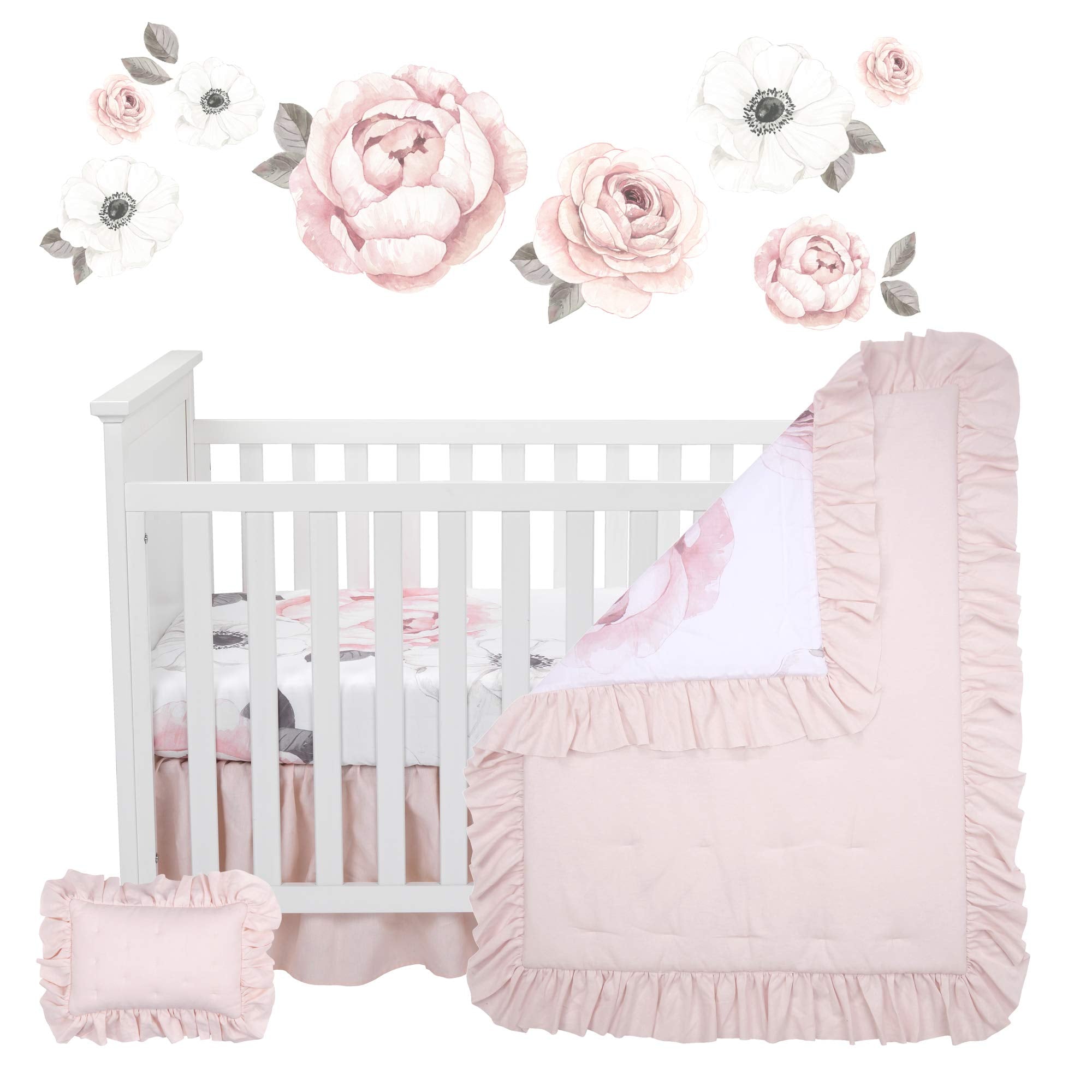 Watercolor/Pink Linen 5-Piece Baby Crib Bedding Set