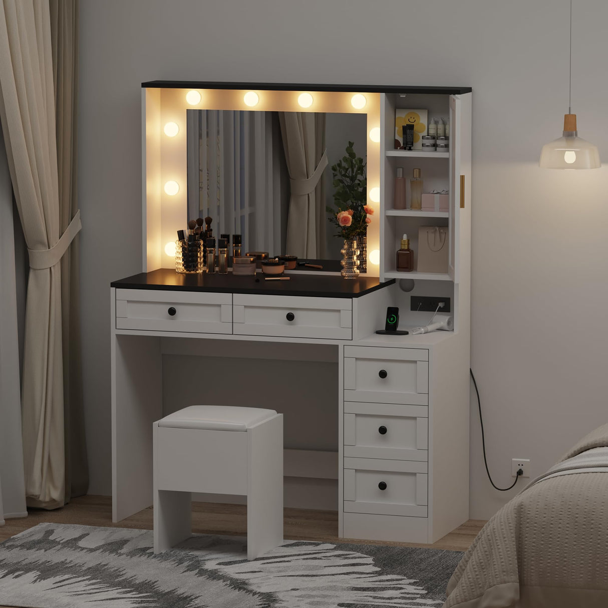 Makeup Vanity Set, Vanity Desk with Lighted Mirror& Charging Station, Makeup Vanity Desk with 5 Drawers& 3-Tier Cabinet, Dressing Table with Upholstered Stool, Wooden Vanity Table for Bedroom, White