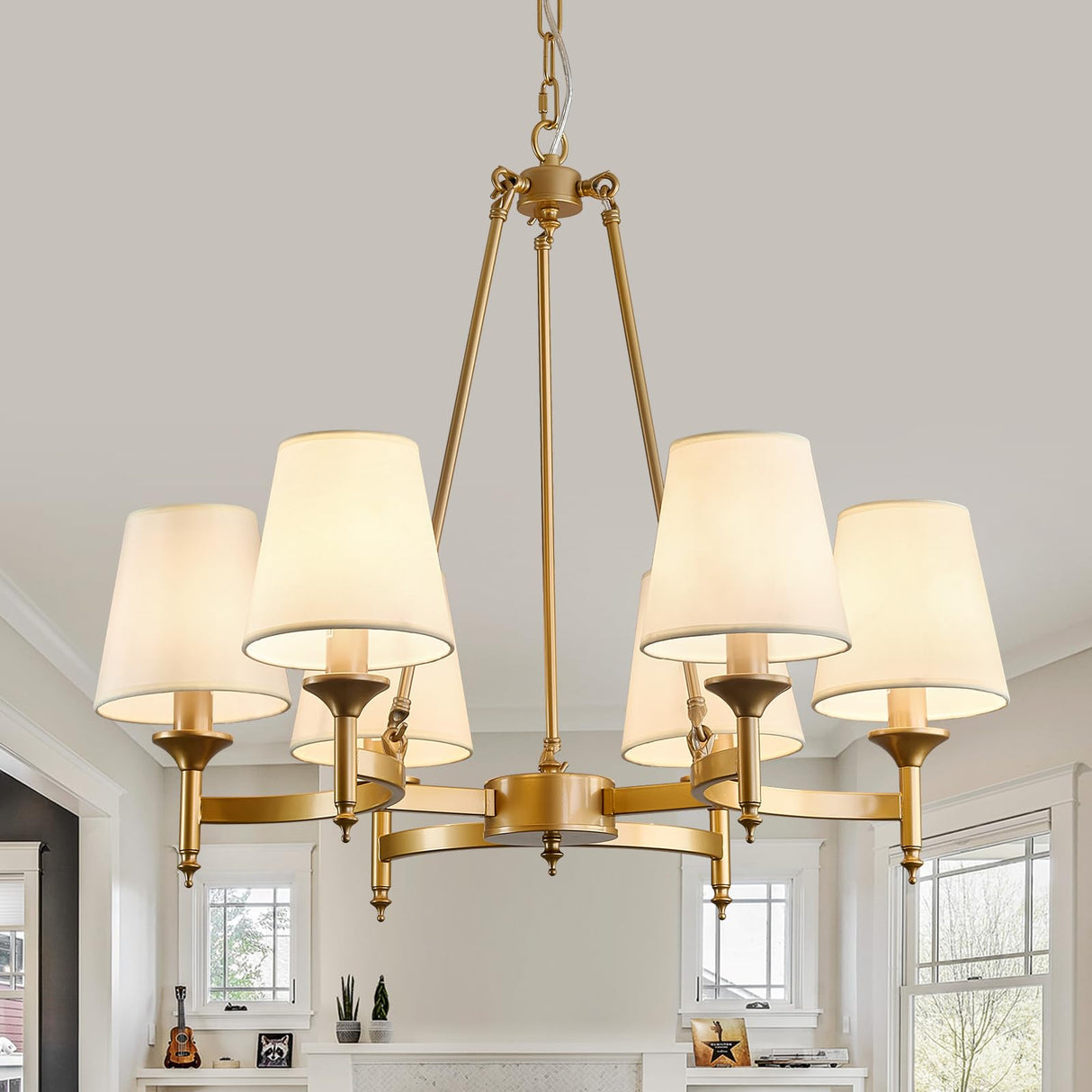 Gold Wagon Wheel Chandelier with White Linen Shade 6-Light Industrial Ceiling Light