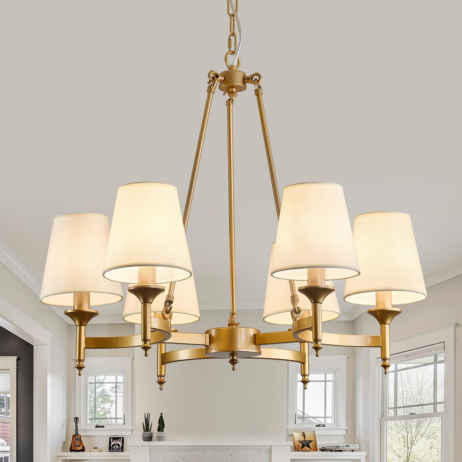 Gold Wagon Wheel Chandelier with White Linen Shade 6-Light Industrial Ceiling Light