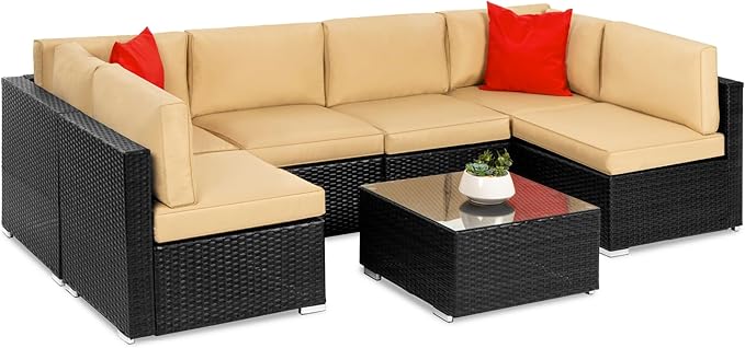 7-Piece Modular Outdoor Sectional Wicker Patio Conversation Set w/ 2 Pillows