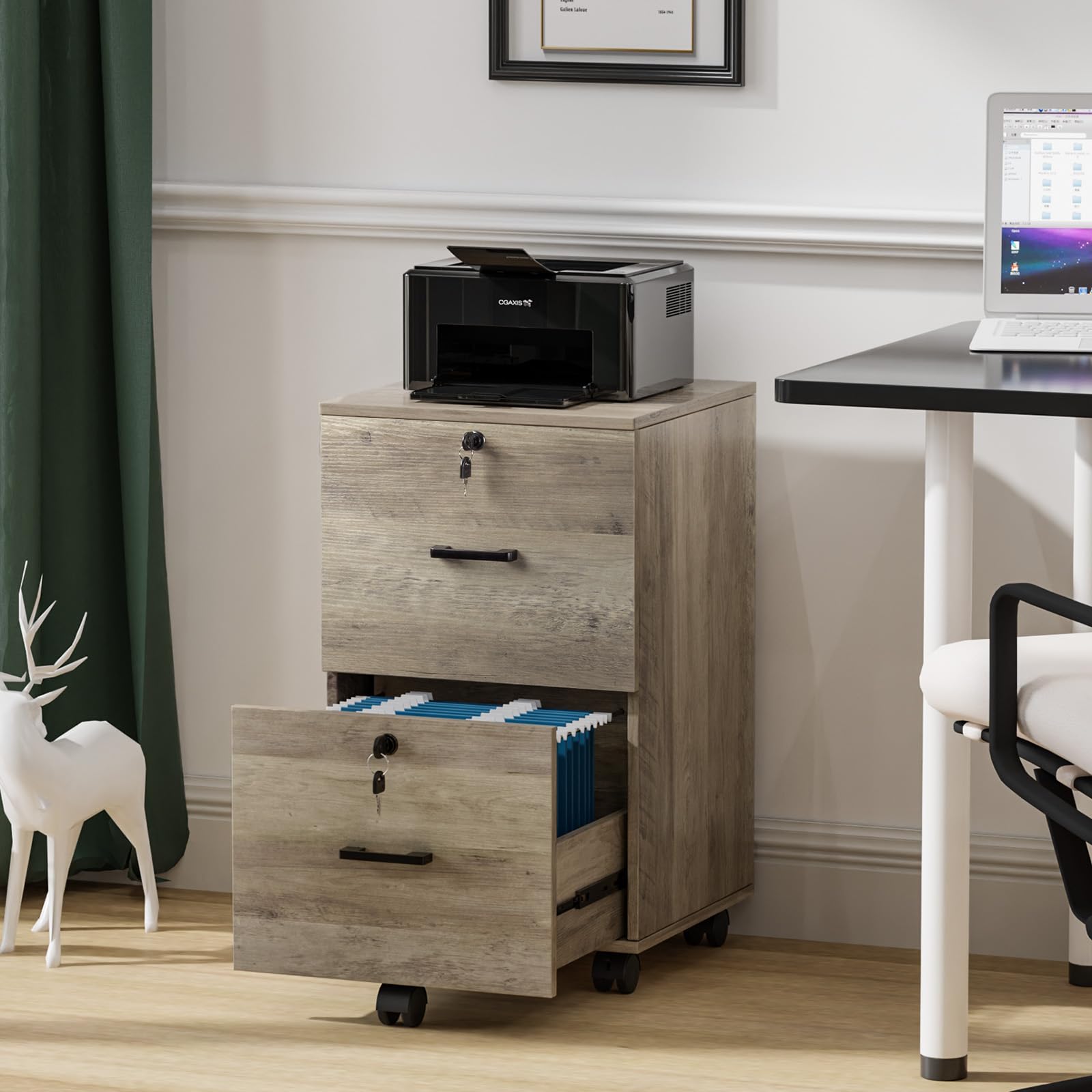 2 Drawer File Cabinet with Lock, Wood Rustic Gray File Cabinet