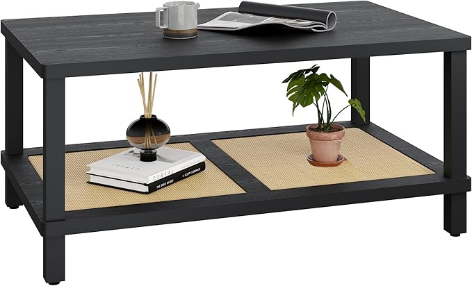 Rattan Coffee Table for Living Room,2-Tier Wooden Center Table