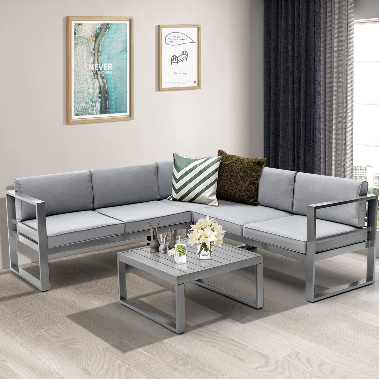 4 Pieces Aluminum Patio Furniture Set, Patiojoy All Weather Heavy Duty Cushioned Outdoor L Shaped Sofa Set