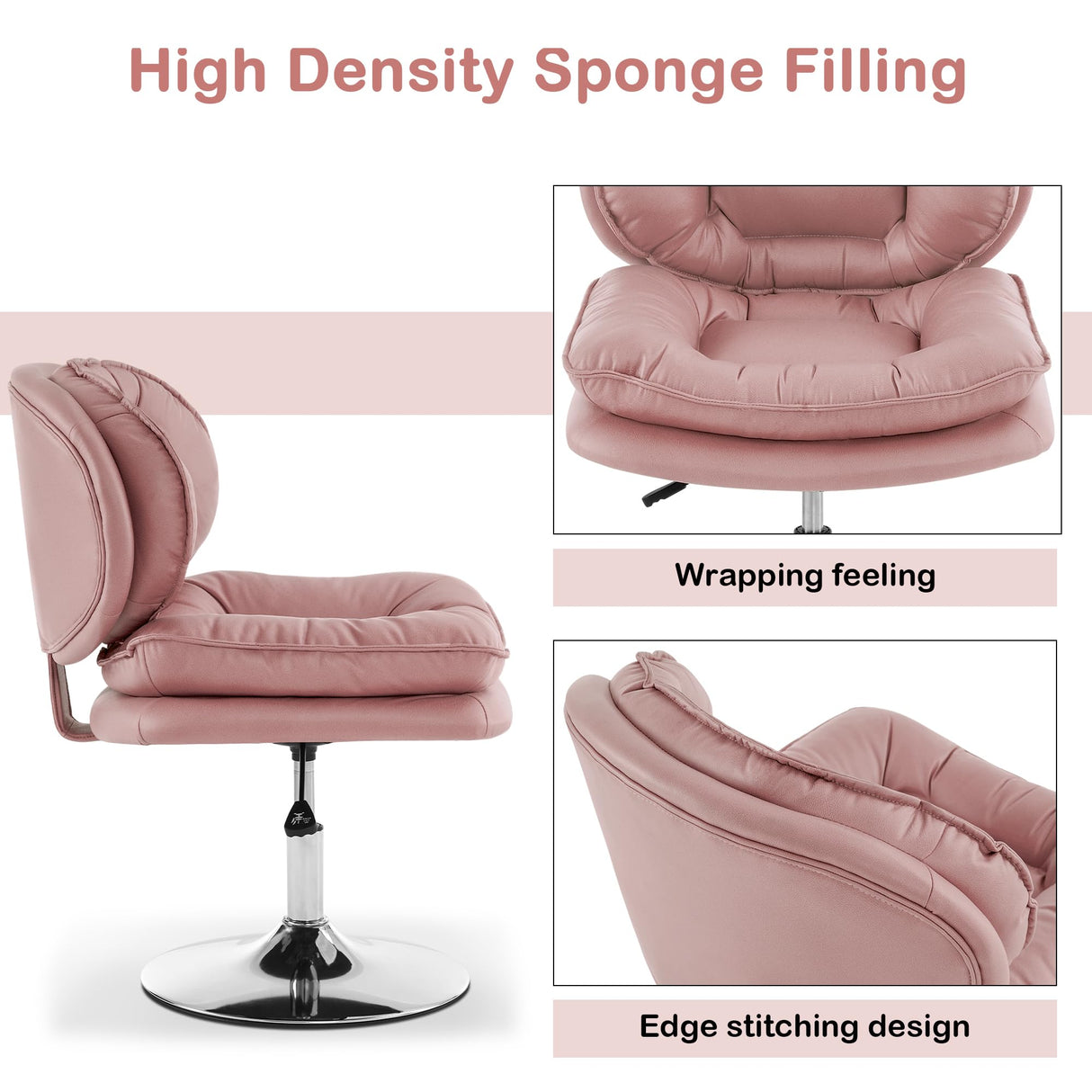 Armless Swivel Accent Chair with Height Adjustment - Pink Tech Cloth Vanity Chair
