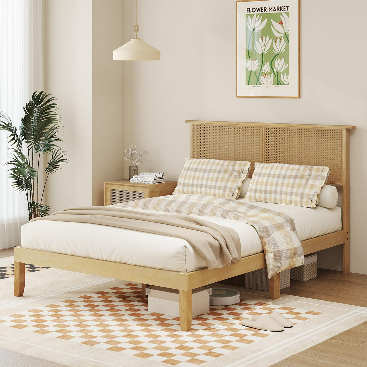 Full Size Wood Platform Bed Frame with Rattan Headboard