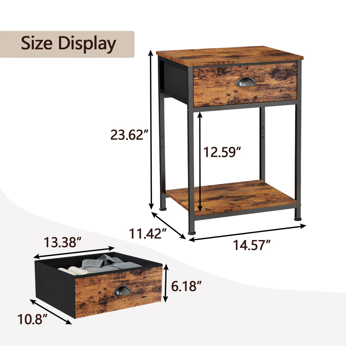Nightstands Set of 2, Industrial End Table with Fabric Drawer and Storage Shelf