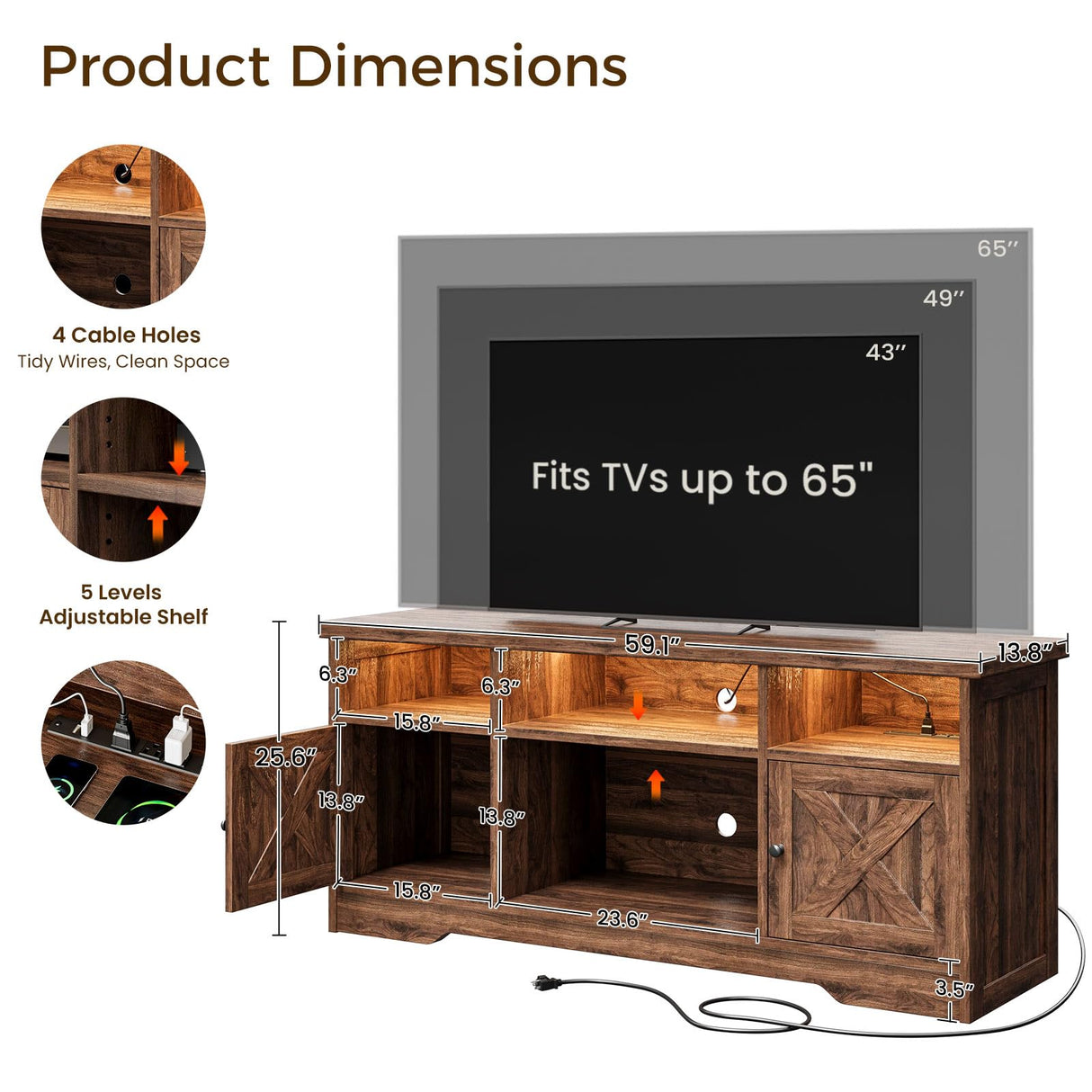 65 Inch Farmhouse TV Stand with Power Outlet & LED Lights