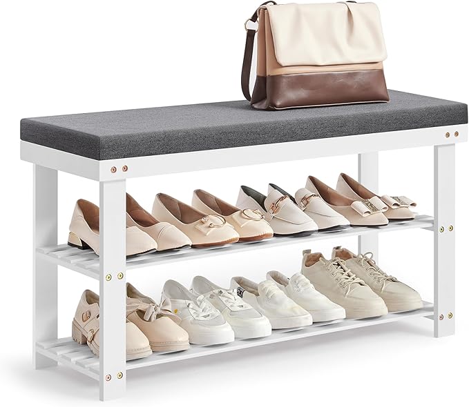 Bamboo Shoe Bench, 3-Tier Shoe Rack, Stable Shoe Organizer for Entryway, Living Room