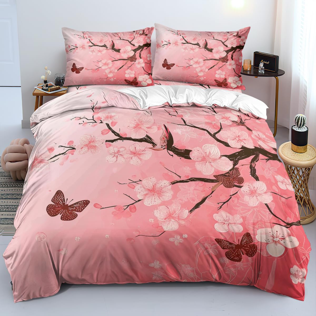 Pink Floral Butterfly Comforter Bedding Set King Size Japanese Cherry Blossom Bed Sets