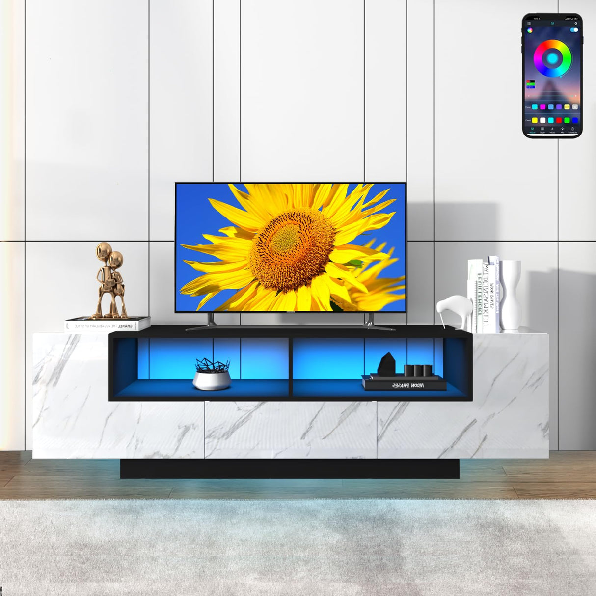 70in White TV Stand for 75/80 inch TV,Modern LED TV Stand,High Gloss Entertainment