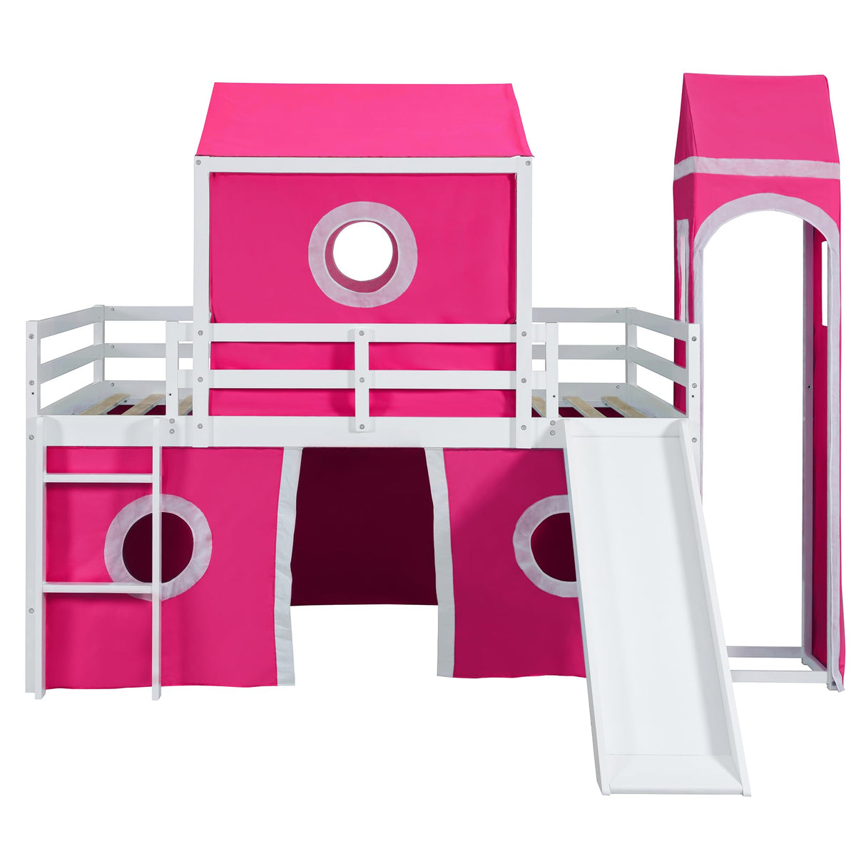 Full Loft Bed with Slide and Curtains, Full Over Full Floor Bunk Bed with House Shape Tent