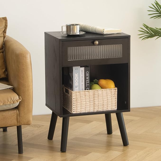 Mid Century Nightstand, Bedside Table with Glass Storage Drawer and Large Open Shelf