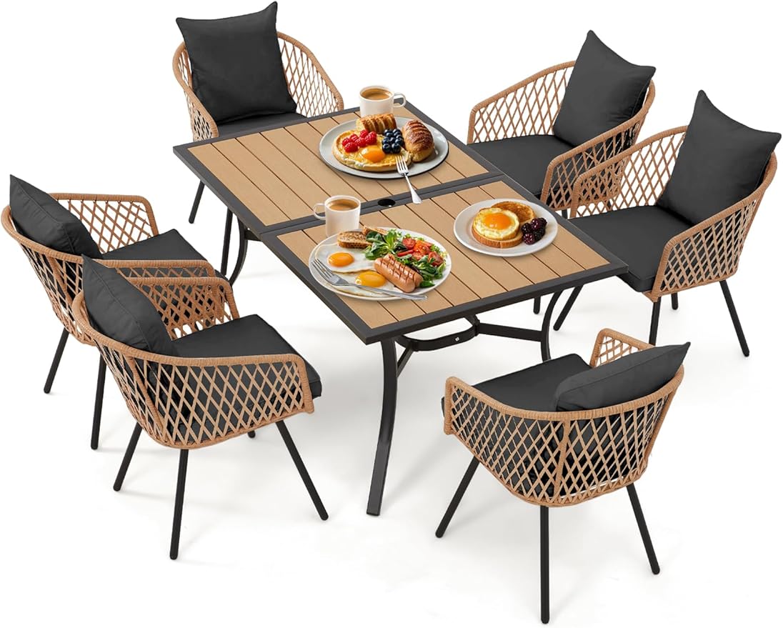 7-Piece Outdoor Patio Dining Set for 6,Wicker Rattan Outdoor Furniture Set