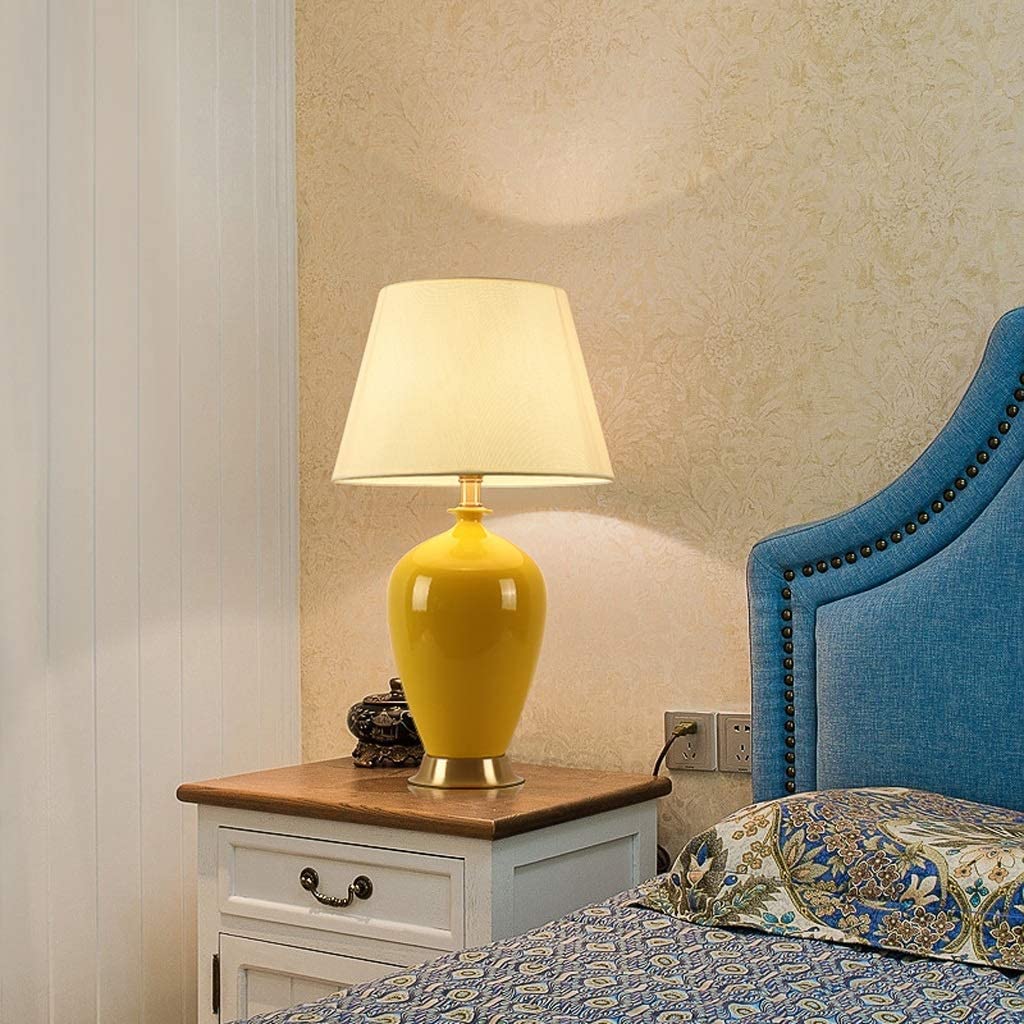 POCHY Table Lamp Table Lamp Luxurious Ceramic Bedside Lamp Fabric Lampshade Desk Lamp Button Switch Desk Light Copper Base Nightstand Lamp Simple Elegant