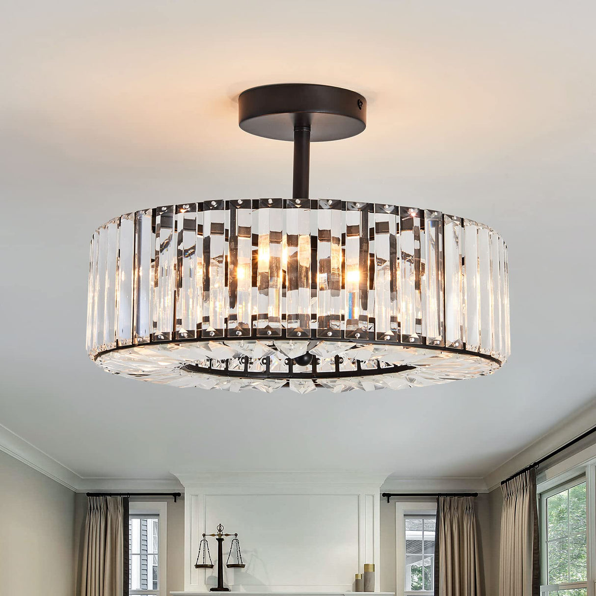 4 Lights Modern Crystal Chandelier Black Round Semi Flush Mount