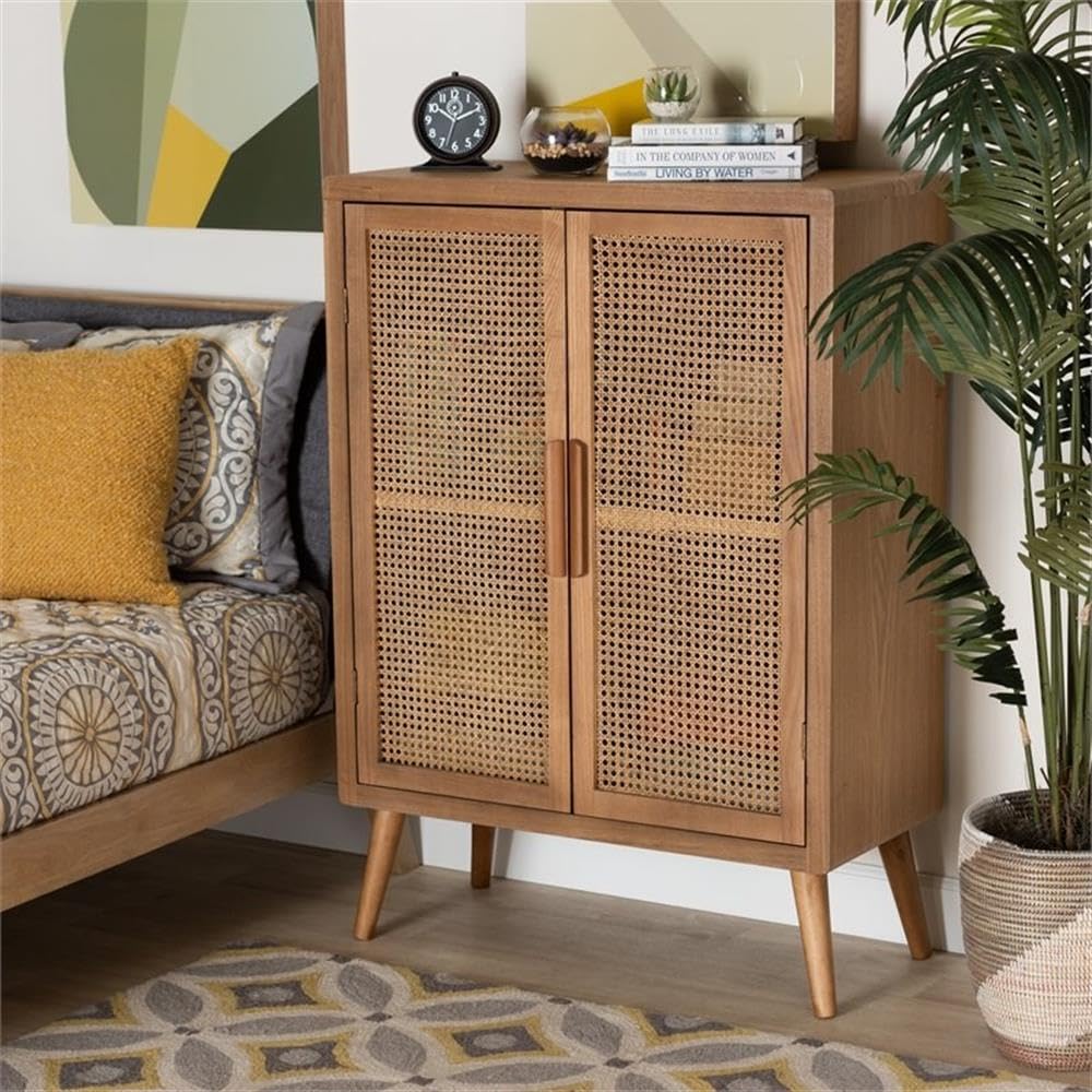 Mid-Century 2-Door Wood/Rattan Storage Cabinet in Oak