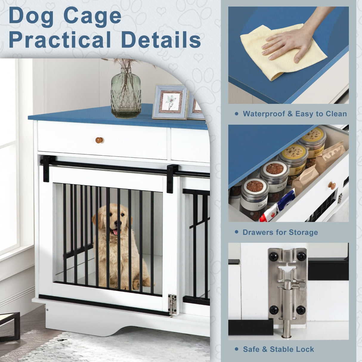 Double Dog Crate Furniture with Storage Drawers & Sliding Barn Door