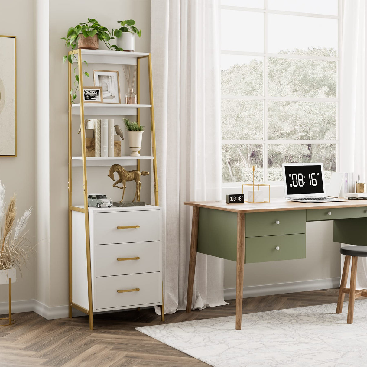 4-Tier Bookshelf, Tall Bookcase with 3 Wooden Drawers, Modern Ladder Book Shlef Storage Organizer for Living Room, Entryway, Office, White Gold