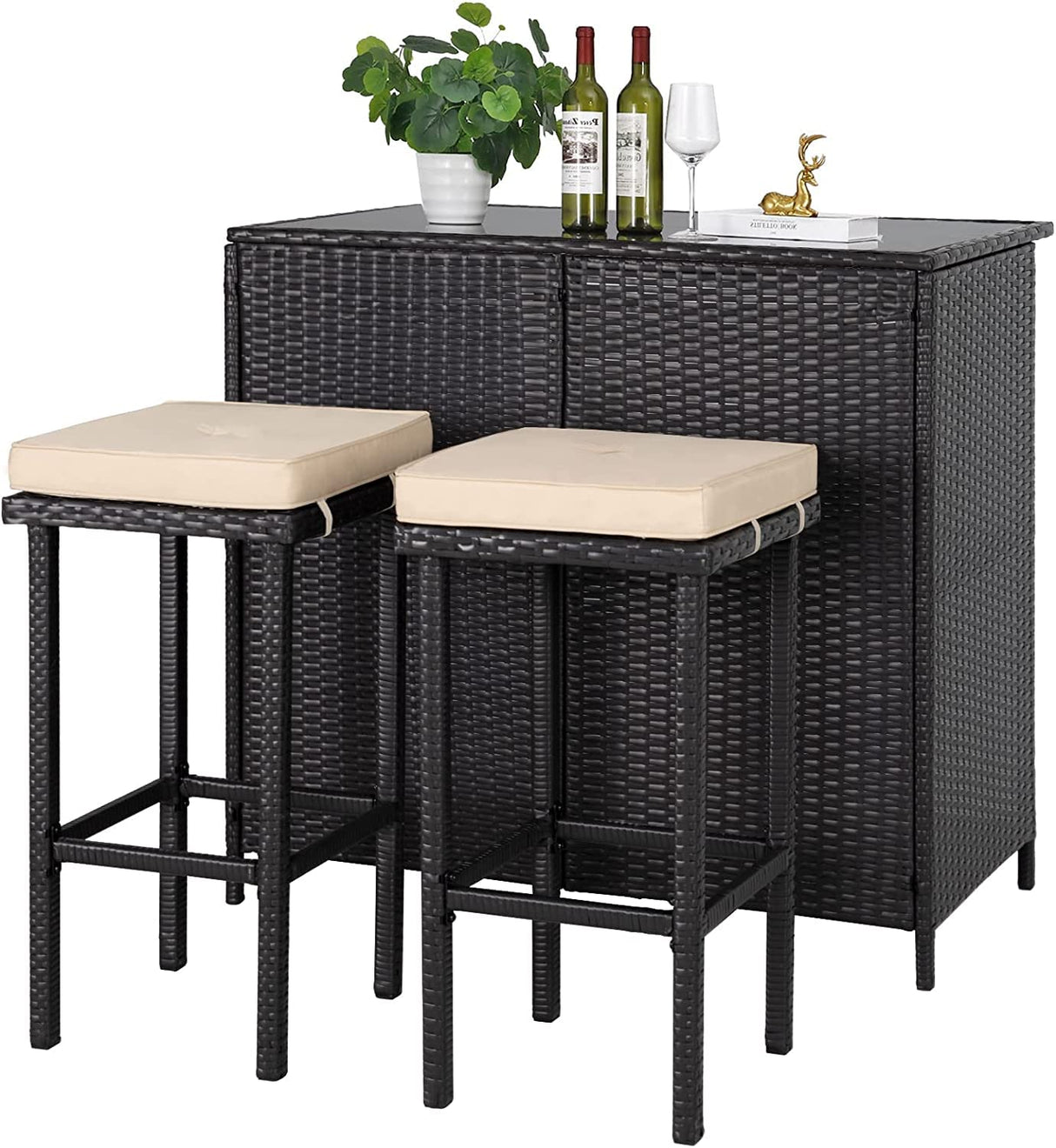 SOLAURA 3-Piece Outdoor Patio Bar Set Black Brown Wicker Bar Table Set Patio Furniture and Two Stools with Cushions for Backyards, Lawn, Garden or Poolside