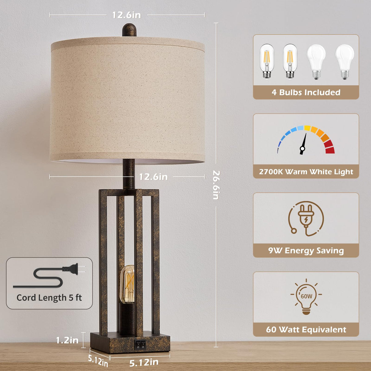 26.6" Farmhouse Table Lamps Set of 2 with USB Ports & Outlet