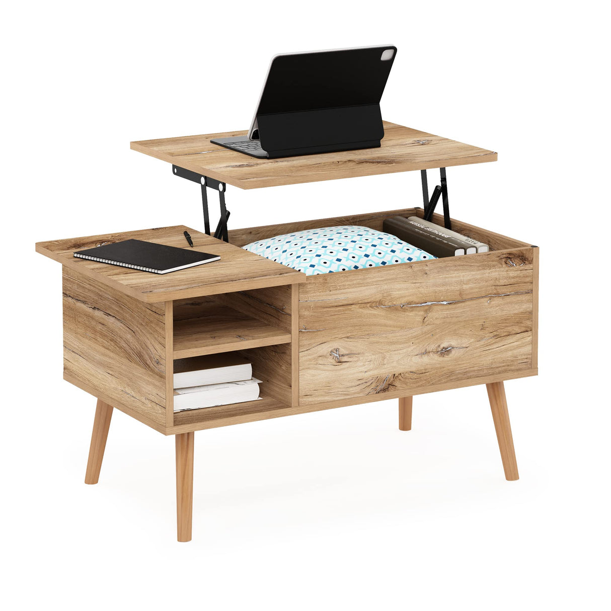 Jensen Wooden Leg Lift Top Coffee Table with Hidden Compartment and Side Open Storage Shelf