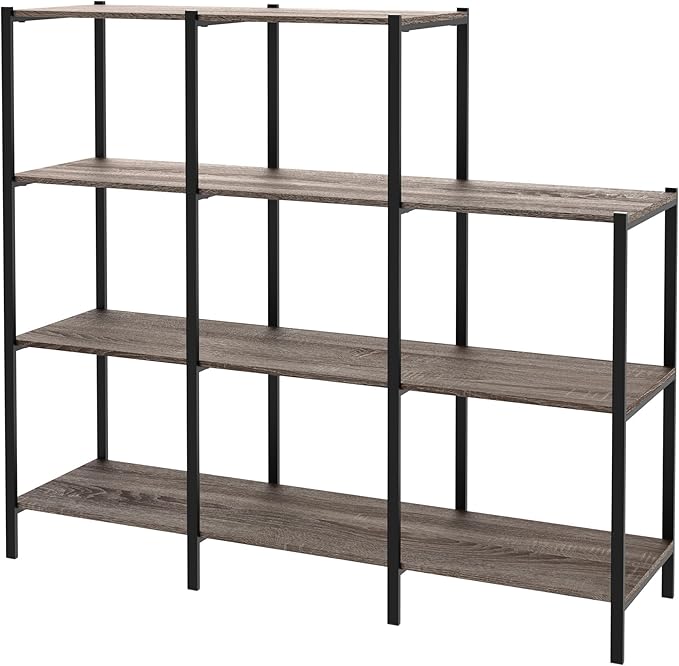 Ladder Step Bookcase, 5 Tier, 7 Shelves, Display Shelf for Living Room or Office, Industrial Black Metal and Wood, Weathered Gray