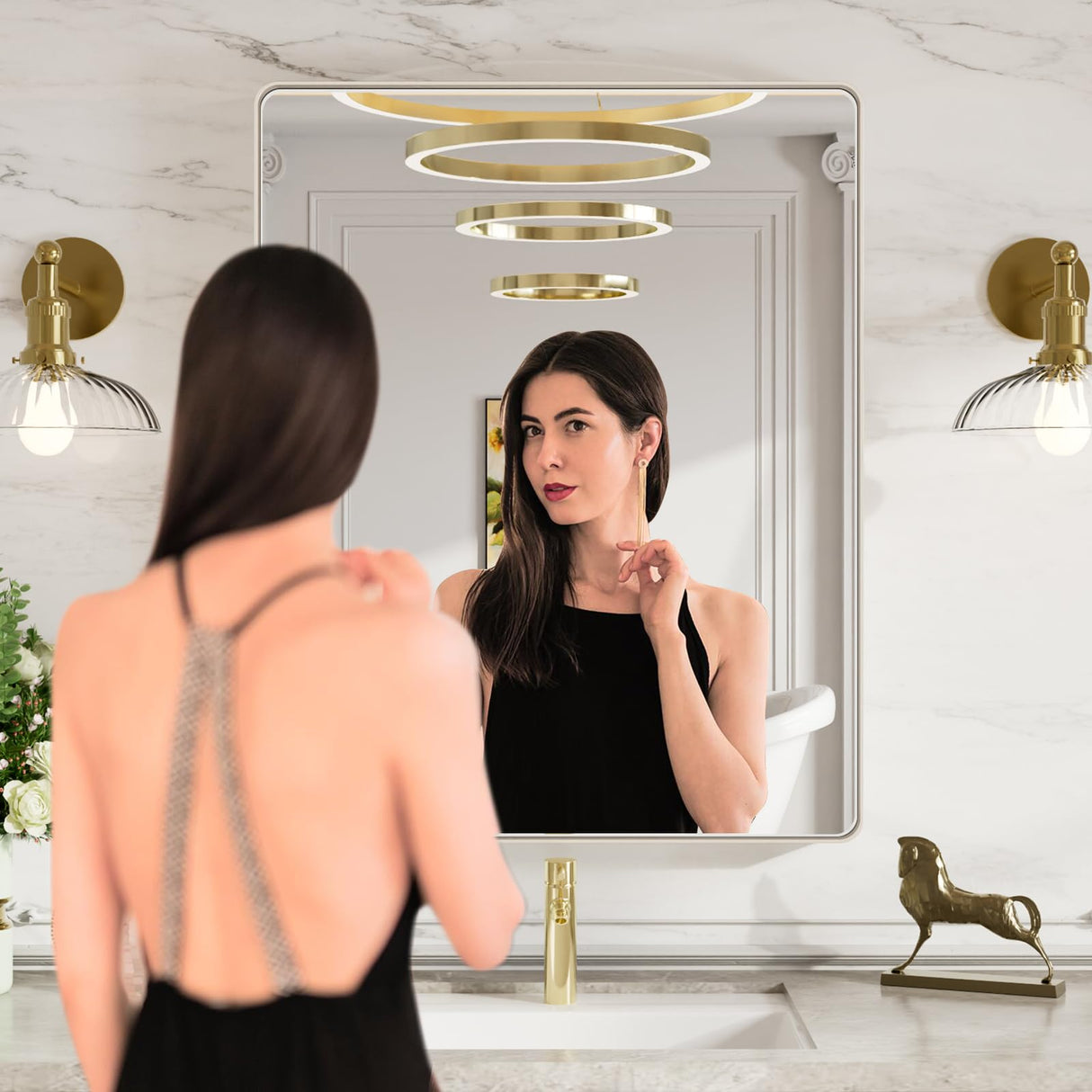Bathroom Mirror, Rounded Rectangle Silver Metal Frame Mirror