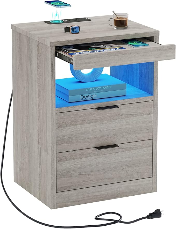 ED Nightstand White Nightstand with Wireless Charging Station 2 Drawers
