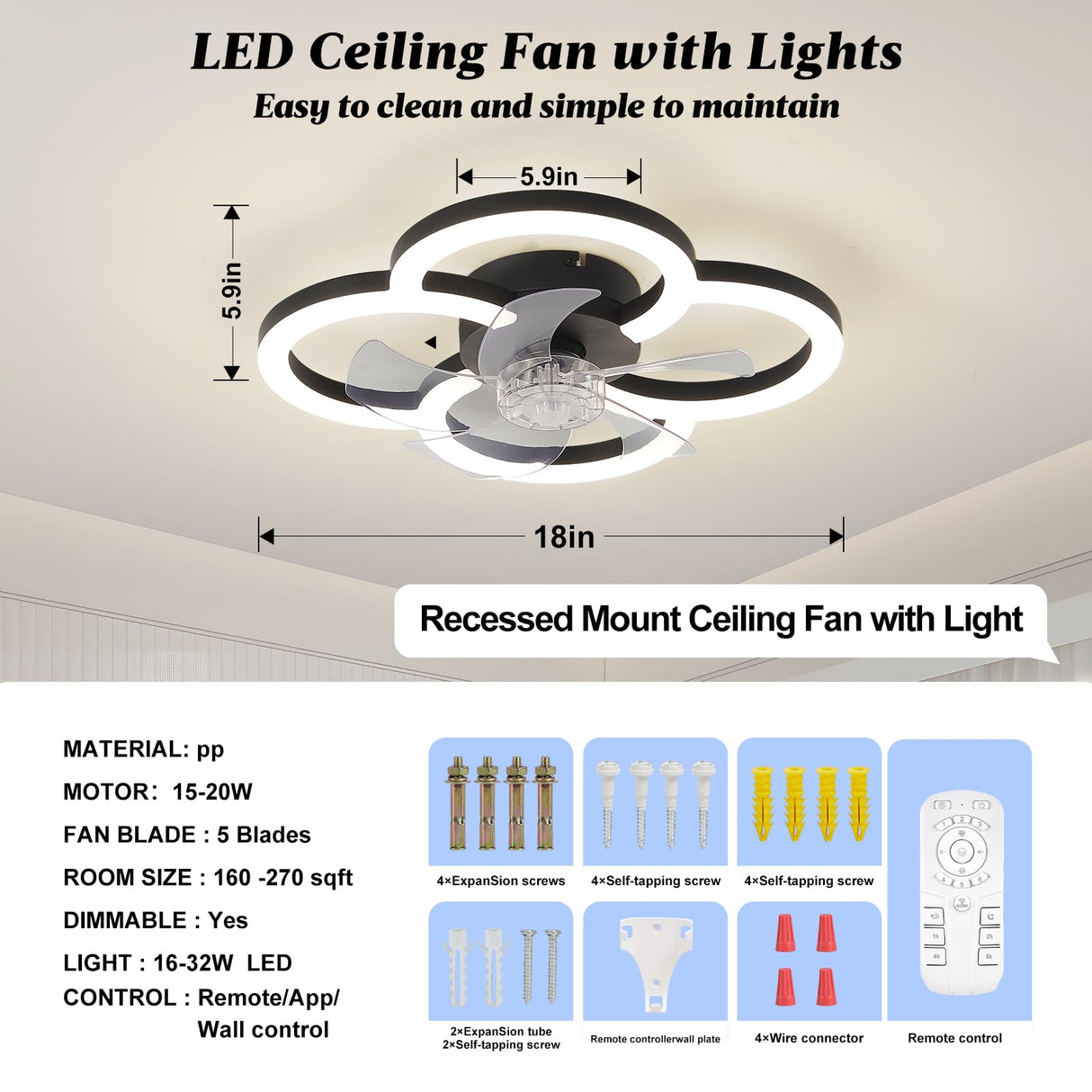 Flush Mount Ceiling Fan with Light and Remote - Dimmable LED, 6 Speeds